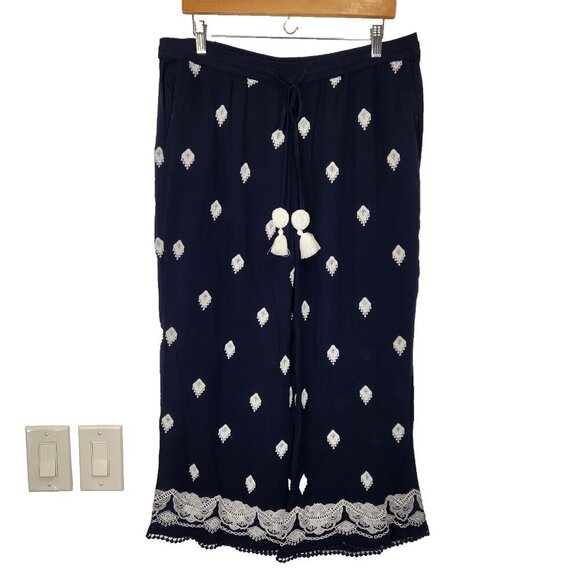 Sundance Giselle Wide Leg Crop Pant L Navy Blue Embroidered Pull On Tassel Boho - Picture 2 of 10
